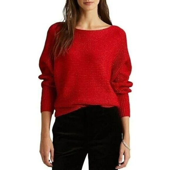 Lauren Ralph Lauren Red Metallic Dolman Sleeve Sweater Size Medium - Picture 1 of 12